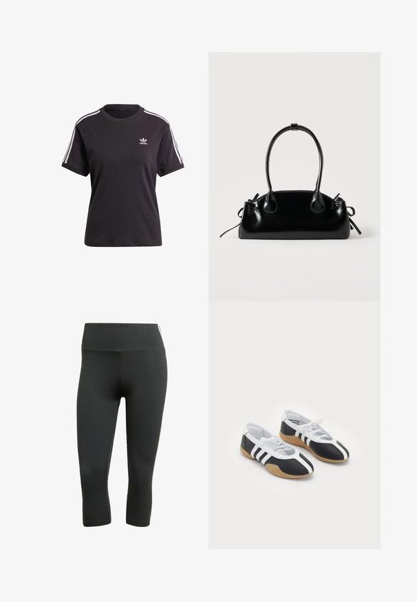 Čierne bavlnené tričko s krátkym rukávom a okrúhlym výstrihom, s bielymi pruhmi na ramienkach a malým bielym logom Adidas na hrudi.; Čierne kapri legíny vyrobené z elastického materiálu, s širokým pásom a bielymi bočnými pruhmi pre kontrast a detail.; Čierne a biele športové topánky s elegantným dizajnom, gumovou podrážkou, šnurovaním a tromi bielymi prúžkami na bokoch.; Malá čierna lesklá kabelka s dvoma dlhými rúčkami a bočnými šnúrkovými detailmi na jednoduchom svetlom pozadí.