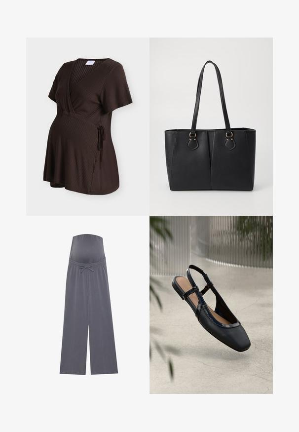 Haut de maternité marron foncé côtelé à manches courtes, col en V, design cache-cœur et détail de nouage sur le côté.; Pantalon de maternité gris avec un design à jambe large, taille élastique et cordon de serrage ajustable. Fabriqué en tissu doux et extensible pour le confort.; Chaussure plate slingback en cuir noir avec un orteil carré, dotée d'un fini verni brillant et de sangles ajustables pour un maintien sécurisé.; Sac fourre-tout noir en simili cuir avec une finition texturée, deux longues poignées et des accents en métal doré sur le côté. Shape rectangulaire.