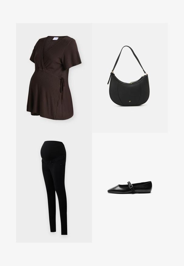Haut de maternité marron foncé côtelé à manches courtes, col en V, design cache-cœur et détail de nouage sur le côté.; Jeans de maternité noirs avec une taille haute extensible et une coupe slim. Confectionnés en denim, ils comprennent des poches avant classiques.; Chaussure noire plate en cuir avec un bout pointu, bride réglable avec une boucle en métal, texture lisse et design minimaliste.; Sac à main en cuir noir avec une forme courbée, surface texturée, coutures avant et un logo doré. Il est doté d'une seule sangle ajustable.