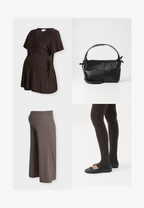 Haut de maternité marron foncé côtelé à manches courtes, col en V, design cache-cœur et détail de nouage sur le côté.; Pantalon de maternité marron en maille côtelée à jambes larges avec taille élastique, conçu pour le confort et l'élasticité sur le ventre de grossesse.; Jambes portant des leggings côtelés foncés associés à des ballerines noires avec de petits détails en nœud sur fond blanc.; Sac à main en cuir noir au design structuré, avec une poignée arrondie et une bandoulière amovible. Présente une texture lisse et un éclat subtil.