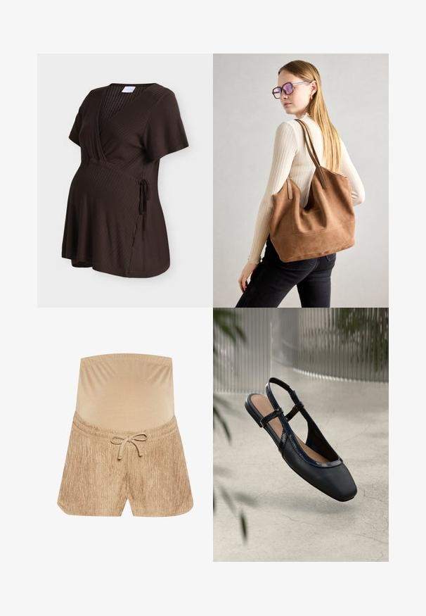 Kortærmet mørkebrun ribstrikket graviditetstop med V-hals, slå-om-design og bindedetalje i siden.; Beige shorts med en elastisk talje, justerbar snor og tekstureret stof med et vertikalt stribemønster.; Sorte læder slingback flade sko med firkantet tå, prydet med en blank patenteret kant og justerbare remme for en sikker pasform.; Brun ruskind tote taske med blød tekstur, stor åbning og lange stropper. Har et enkelt design med synlige syninger og ingen hardware.