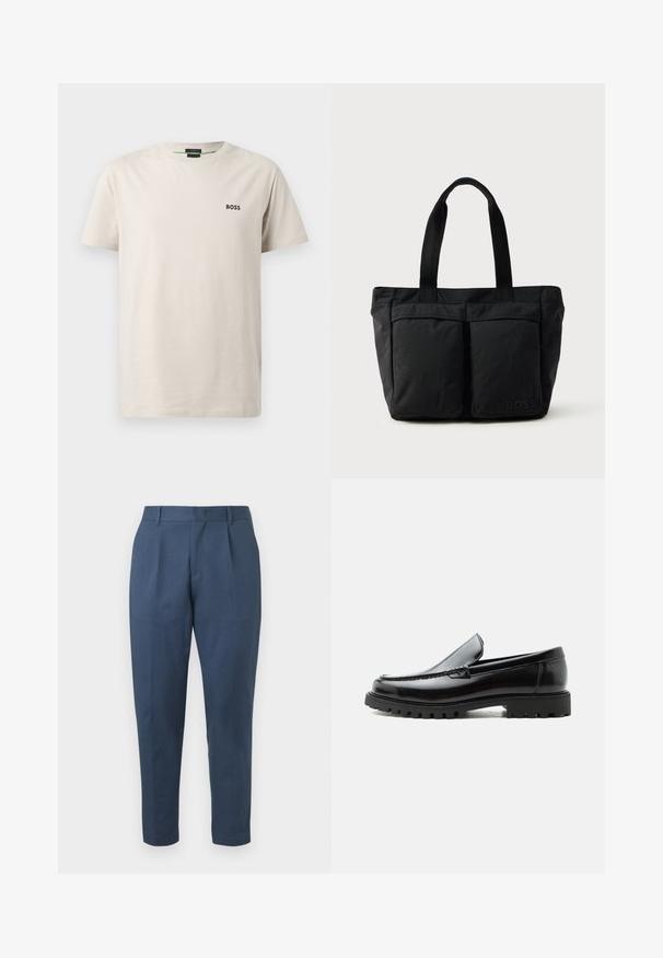 T-shirt en coton beige clair avec col rond, manches courtes et un petit logo noir "BOSS" sur la poitrine gauche. Texture lisse.; Pantalon sur mesure bleu marine avec un devant plat, des plis et une jambe fuselée. Confectionné en tissu texturé avec une finition lisse. Pas de poches visibles.; Mocassin en cuir noir avec semelle en caoutchouc épaisse, dessus cousu et nom de marque embossé sur le talon, présenté de profil sur fond blanc.; Sac fourre-tout noir en tissu doux, avec deux poches avant et des anses robustes. Logo affiché sur le côté. Design simple et fonctionnel.