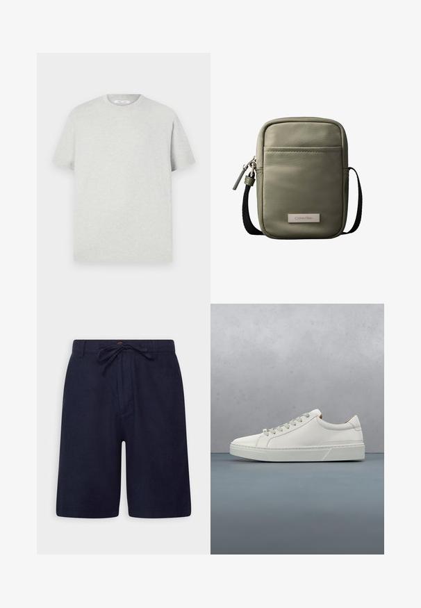 Lichtgrijze t-shirt met korte mouwen, gemaakt van zachte stof, met een ronde crewneck en een relaxed fit zonder zichtbare patronen of accenten.; Marineblauwe shorts van een lichtgewicht stof, met een trekkoord in de taille, een knoopsluiting en zijzakken. Gladde textuur en een getailleerde pasvorm.; Witte leren sneaker met een ronde neus, minimalistisch ontwerp, grijze veters en een gestructureerde grijze rubberen zool. Fijne stikdetails zichtbaar.; Compact olijfgroene crossbodytas met voorvak, zwarte verstelbare band, ritssluiting en Calvin Klein logoplaatje.