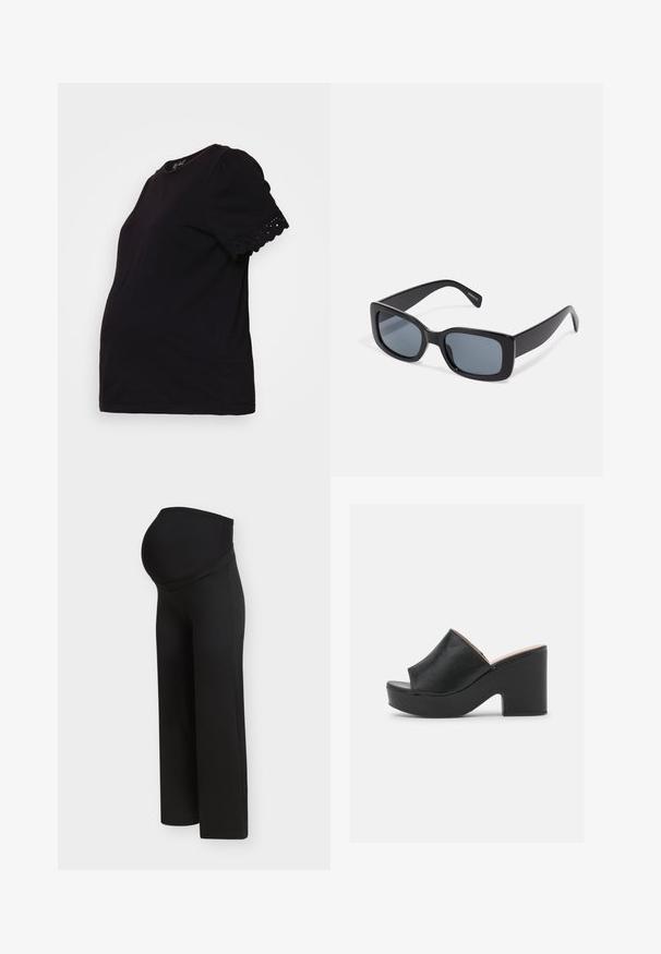 Camiseta de maternidad negra con mangas cortas abullonadas y un acabado de encaje con bordes ondulados. Material de algodón suave, con forma ajustada diseñada para el confort.; Pantalones de maternidad negros con una cintura alta y elástica diseñada para soportar el vientre de una mujer embarazada, mostrados sobre un fondo claro y liso.; Las mulas de cuero negro con punta abierta cuentan con una amplia tira frontal y un chunky tacón alto con una textura suave. Se muestra la vista lateral.; Gafas de sol rectangulares negras con lentes oscuros, montura de plástico grueso y patillas anchas. Superficie lisa y diseño anguloso.