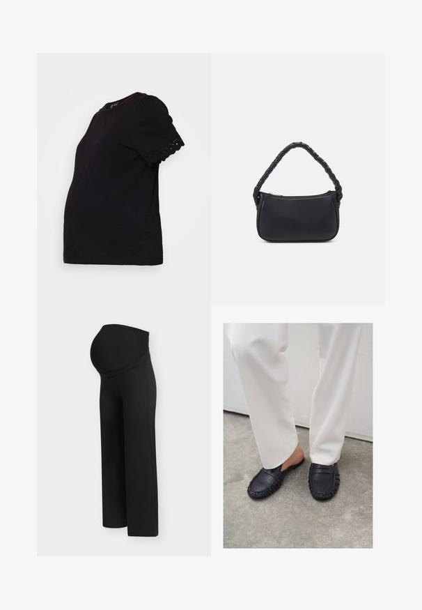 Camiseta de maternidad negra con mangas cortas abullonadas y un acabado de encaje con bordes ondulados. Material de algodón suave, con forma ajustada diseñada para el confort.; Pantalones de maternidad negros con una cintura alta y elástica diseñada para soportar el vientre de una mujer embarazada, mostrados sobre un fondo claro y liso.; Persona con pantalones blancos y mocasines negros de cuero sin cordones, de pie sobre un suelo de cemento.; Bolso negro de forma redondeada, hecho de material liso. Presenta un asa trenzada y un cierre de cremallera para un almacenamiento seguro.