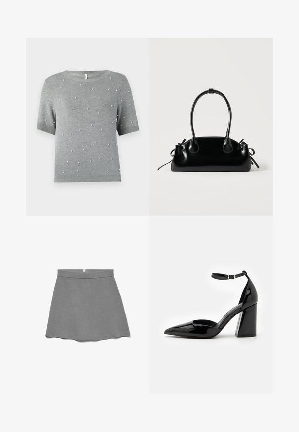 Suéter gris de manga corta con cuello redondo y acentos dispersos en forma de perlas blancas. Textura suave de punto con dobladillo y mangas acanaladas.; Falda gris hecha de tela suave, con cintura alta, forma acampanada y una cremallera oculta en la parte trasera.; Zapato de tacón alto de charol negro con punta afilada, correa en el tobillo y ancho tacón bloque para mayor estabilidad, con una textura suave y brillante.; Pequeño bolso negro brillante con dos asas largas y detalles de cordón lateral sobre un fondo claro liso.