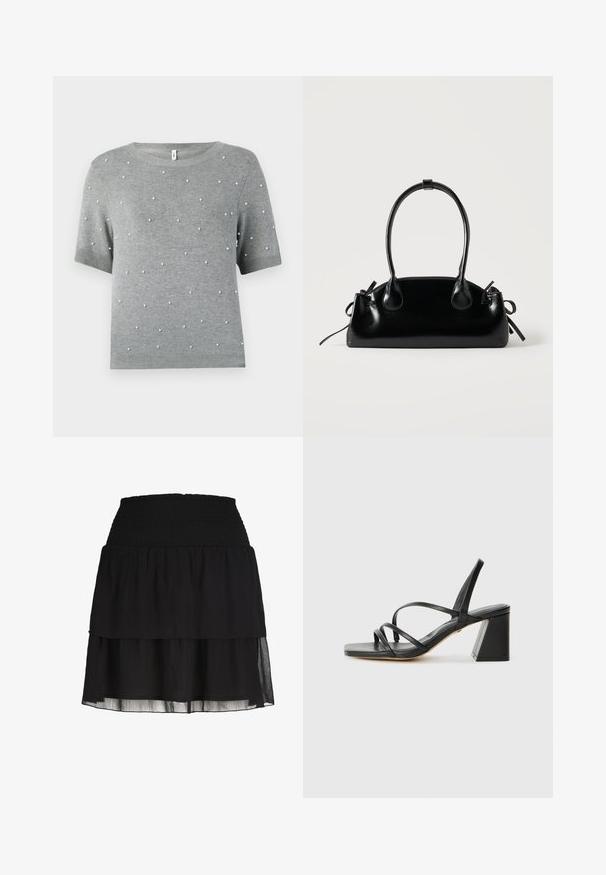 Pull gris à manches courtes avec col rond et accents blancs en forme de perles parsemés. Texture tricotée douce avec ourlets et manches côtelés.; Mini-jupe noire à volants avec une large ceinture élastique smockée et des couches de tissu légèrement transparentes.; Sandales noires à talons avec un bout carré, présentant plusieurs fines bretelles et un talon bloc géométrique. Texture en cuir lisse et design minimaliste.; Petit sac à main noir brillant avec deux longues anses et des détails à cordon sur les côtés sur un fond clair uni.