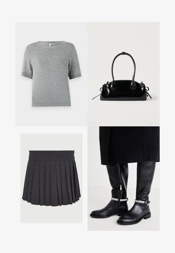 Grå kortærmet sweater med rund hals og spredte hvide perle-lignende accenter. Blød strikstruktur med ribkant ved nederste kant og ærmer.; Grå plisseret nederdel med flad talje og lynlås, lavet af et struktureret stof med jævnt fordelte dybe plisseringer.; Sorte læderknæhøje støvler med en sidelukning, der har et sølvfarvet accentbånd om anklen og en lav blokhæl.; Lille sort blank håndtaske med to lange håndtag og snøre-detaljer i siden på en ensfarvet lys baggrund.