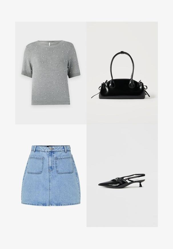 Pull gris à manches courtes avec col rond et accents blancs en forme de perles parsemés. Texture tricotée douce avec ourlets et manches côtelés.; Mini-jupe en denim bleu clair avec taille haute, fermeture à boutons sur le devant et deux poches arrière. Présente des coutures contrastées et une coupe droite.; Chaussure slingback en cuir verni noir avec bout pointu, petit talon carré et bride ajustable ornée de détails découpés et d'accents logo.; Petit sac à main noir brillant avec deux longues anses et des détails à cordon sur les côtés sur un fond clair uni.