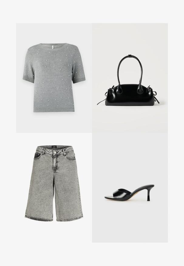 Grå kortærmet sweater med rund hals og spredte hvide perle-lignende accenter. Blød strikstruktur med ribkant ved nederste kant og ærmer.; Denimshorts i falmet sort med løs pasform, der har høj talje, fem-lomme design og synlige syninger.; Sorte læder højhælede mules med open-toe design og en bred, buet overdel. Glat tekstur og slank silhuet.; Lille sort blank håndtaske med to lange håndtag og snøre-detaljer i siden på en ensfarvet lys baggrund.