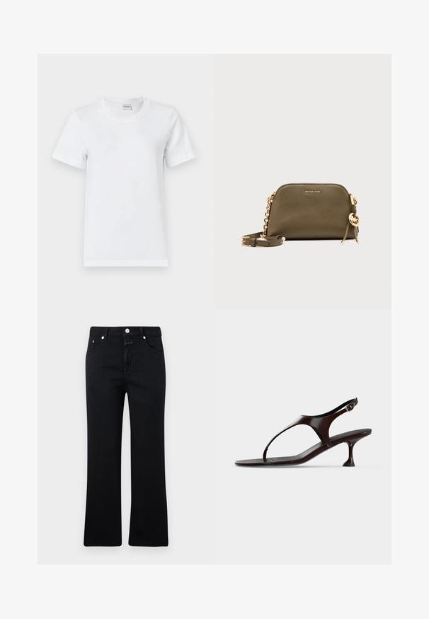 Weißes Baumwoll-T-Shirt mit rundem Halsausschnitt, kurzen Ärmeln, gerader Saum und glatter Textur. Keine Muster oder zusätzliche Verzierungen.; Schwarze Jeans mit geradem Bein, im Fünf-Taschen-Stil, mit Metallbeschlägen und einer weichen Denim-Textur. Minimalistisch und einheitlich in der Farbe.; Dunkelbraune Lackleder-Slingback-Sandale mit kittenabsatz und Zehensteg auf weißem Hintergrund.; Olivgrüne Leather-Michael-Kors-Crossbody-Tasche mit goldener Kettenriemen, goldenem Logoanhänger und kleinem geprägtem Markennamen auf der Vorderseite.