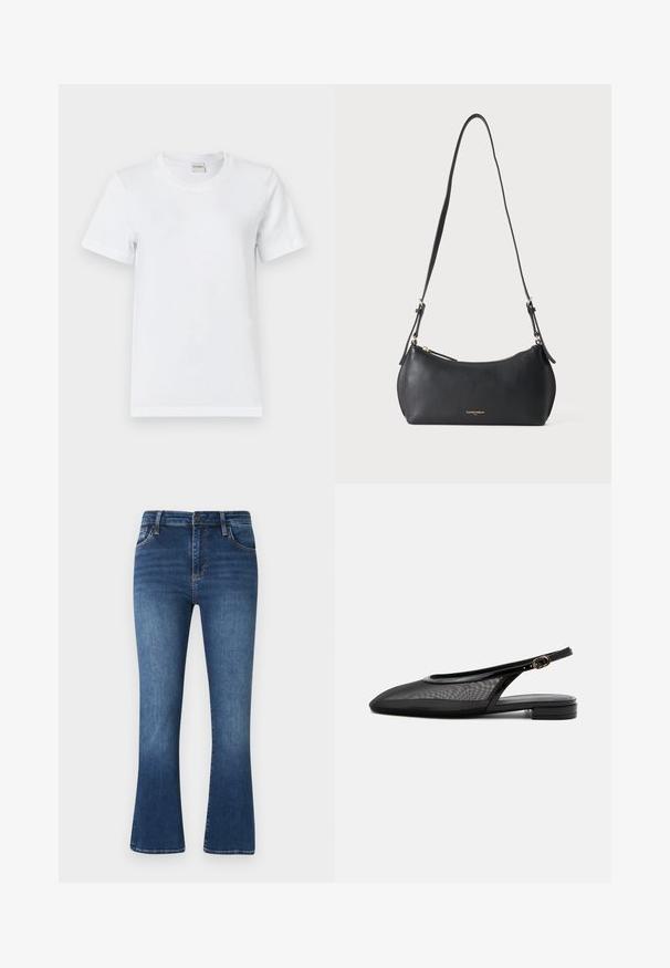 Hvid bomulds T-shirt med rund halsudskæring, korte ærmer, lige kant og en glat tekstur. Ingen mønstre eller yderligere hardware.; Mørkeblå flared jeans lavet af denim, med et klassisk fem-lomme design, bælteløkker og subtile falmning detaljer på stoffet.; Sort slingback flad sko med spids tå, mesh overdel, justerbar spænde rem og lav stablet hæl på hvid baggrund.; Lille sort læder skuldertaske med justerbar rem og gyldent lynlås, med subtilt gyldent brandtekst foran.