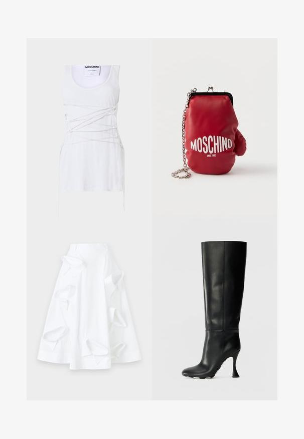 Witte geribde tanktop met kruislingse vetersluiting, met een ronde halslijn en een rechte zoom. Merk: Moschino Couture.; Witte A-lijn rok van katoen, met oversized uitsnijdingen en een gladde textuur. Deze rok heeft een gestructureerde tailleband.; Zwarte leren kniehoge laars met een aansluitende schacht en een spitse neus. Beschikt over een kenmerkende gebogen hak en een gladde textuur.; Rode leren portemonnee in de vorm van een bokshandschoen met "Moschino Since 1983" in wit en een zilveren kettingriem op een witte achtergrond.
