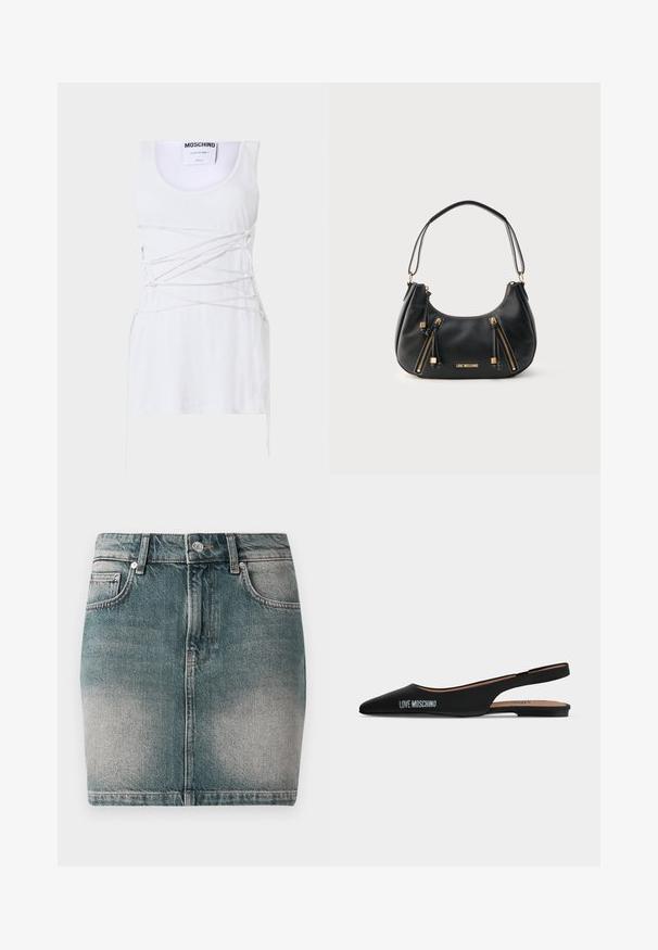 Top sin mangas blanco con detalles de encaje cruzado, con escote redondo y dobladillo recto. Marca: Moschino Couture.; Falda mini de mezclilla azul con botón y cremallera en el frente, dos bolsillos frontales y detalles desgastados en los muslos.; Zapato plano slingback negro punteado con tacón bajo y logo "LOVE MOSCHINO" en el lateral sobre un fondo claro liso.; Bolso de hombro de cuero negro con dos cremalleras verticales doradas y el logo "LOVE MOSCHINO" en dorado en el frente.