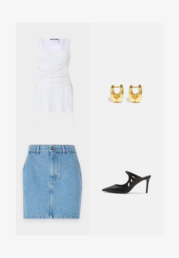 Valge soonikuline tank top, millel on ristatud paeltega detailid, ümmargune kaelus ja sirge alläär. Bränd: Moschino Couture.; Heledanikk, helesinine, mis on tiheda lõikega, viie tasku stiiliga ja kontrastõmblustega. Materjalil on tekstuuriline viimistlus.; Mustad nahast kõrge kontsaga mulesed, millel on terav varvas, lõikega küljekujundus ja sile tekstuur. Stiletto konts ja peen õmbluse detail.; Kuldne rõngas kõrvarõngad, millel on sile, ümar disain. Omab õõnsat keskmist osa ja läikivat pinnat, mis täiendab moodsaid stiile.