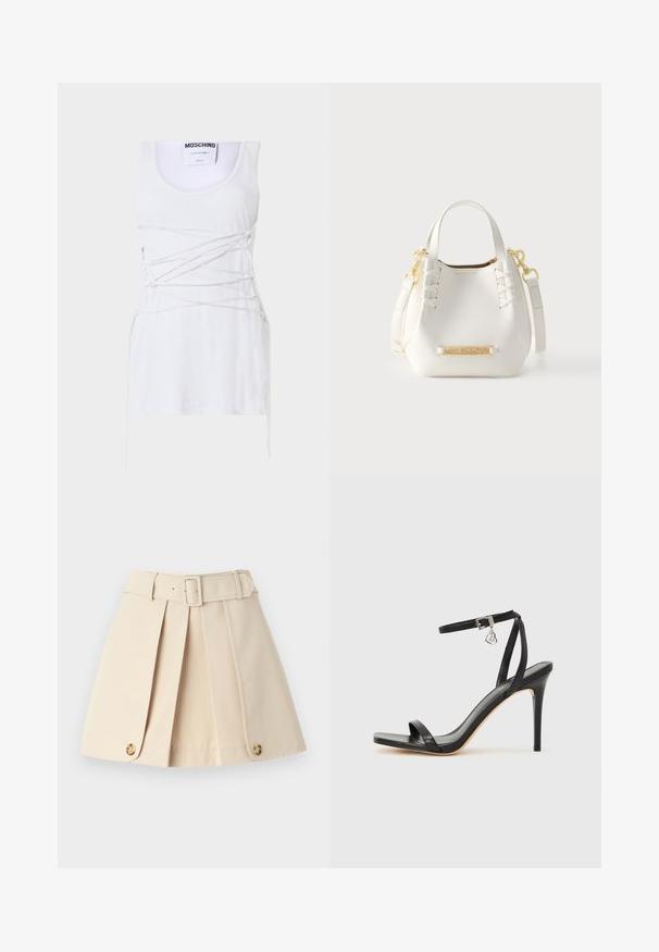 Hvid ribbet tanktop med krydsende snøring, der har en rund hals og en lige kant. Mærke: Moschino Couture.; Beige plisseret nederdel med tætsiddende talje, brede bæltestropper og knapdetaljer i kanten. Fremstillet af glat, let materiale.; Sort hæl-sandal med smal ankrem, firkantet tå-boks, glat lædermateriale og metalspænde som pynt.; Hvid læder bucket taske med guld "Love Moschino" logo, dobbelte håndtag, aftagelig skulderrem og dekorative syninger på forsiden.