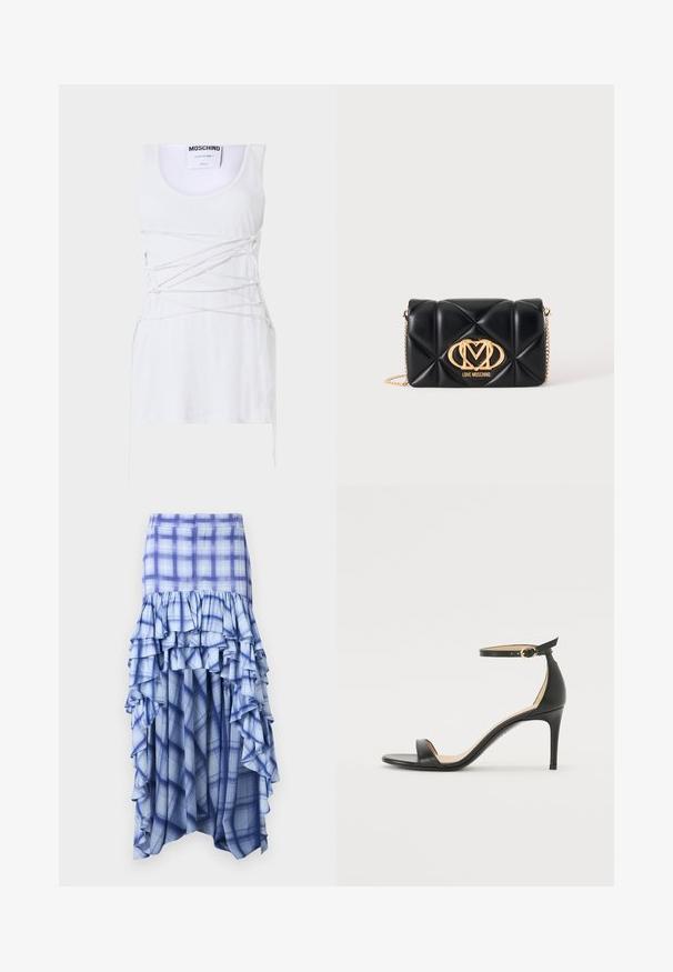Hvid ribbet tanktop med krydsende snøring, der har en rund hals og en lige kant. Mærke: Moschino Couture.; Blåternet nederdel med lagdelte rynker, der har forskellige nuancer af blå samt blå og hvide ternmønstre. Letvægtsstof, ankellængde design.; Sort læder højhælede sandaler med ankelrem. Har en glat tekstur, åben tå og en tynd hæl. Guldtonet spænde detalje.; Sort quiltet læderhåndtaske med guldkædestrop og gyldent Love Moschino-logo foran i midten.