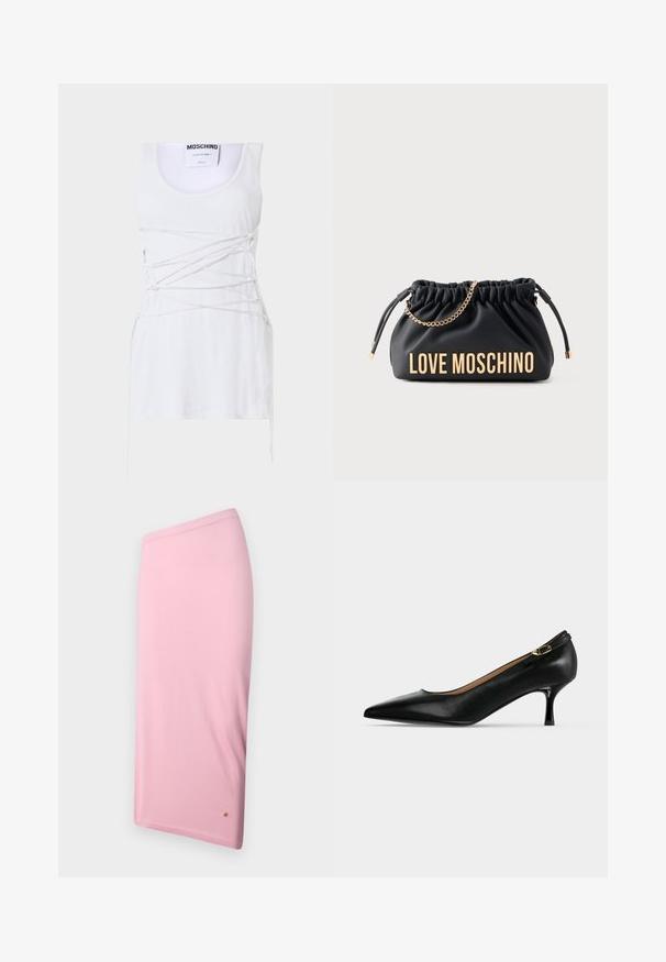Witte geribde tanktop met kruislingse vetersluiting, met een ronde halslijn en een rechte zoom. Merk: Moschino Couture.; Roze knielange rok van gladde stof, met een eenvoudig ontwerp, een verborgen tailleband en een kleine logo-accent aan de zoom.; Zwarte leren pumps met puntige neus, kitten heel en een klein gouden gespsluiting aan de achterkant op een lichtgrijze achtergrond.; Zwarte lederen handtas met geplooid effect, goudkleurige kettingriem en "LOVE MOSCHINO" opschrift in goud aan de voorkant.