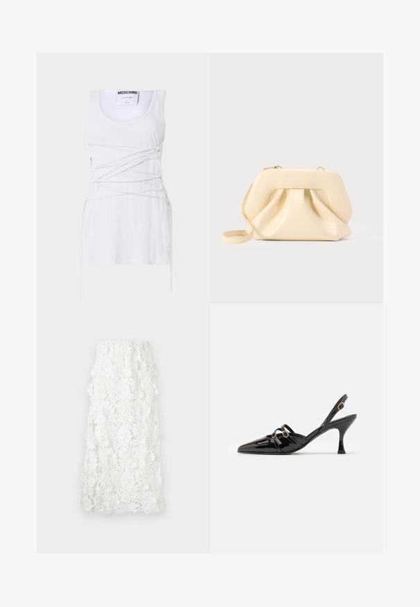 Witte geribde tanktop met kruislingse vetersluiting, met een ronde halslijn en een rechte zoom. Merk: Moschino Couture.; Witte enkellange rok van ingewikkeld bloemenkant met een geschulpte zoom. Elastische tailleband voor een losse pasvorm. Gelaagd, delicaat patroon.; ALOHAS JOELLE ONIX - Klassieke pumps - black; Beige zachte leren clutch met gestructureerd frame en geplooid voorkantdetail, voorzien van een dunne polsriem en een gouden rits.