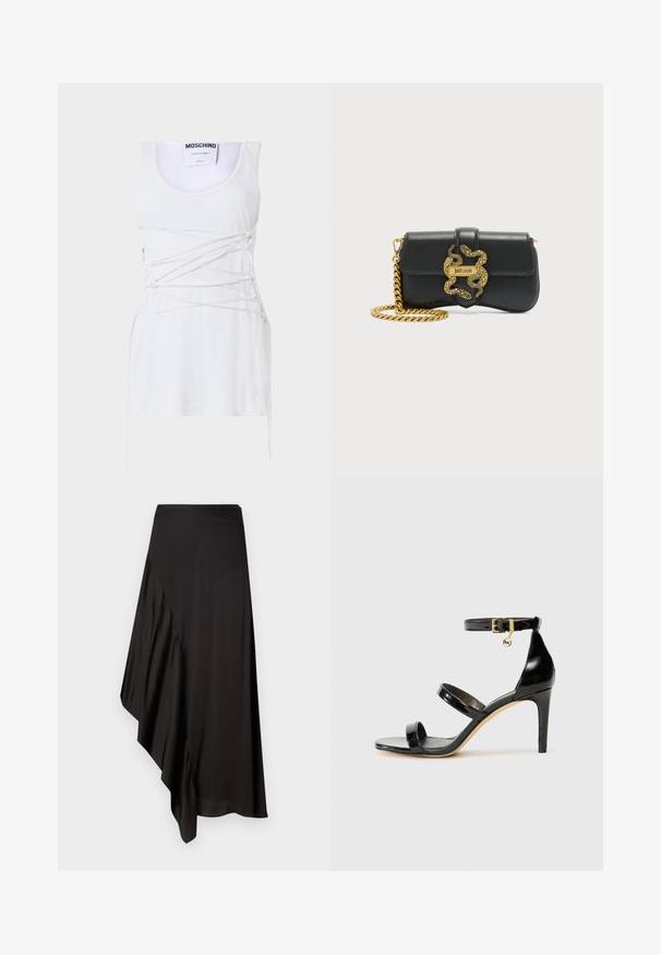 Valge soonikuline tank top, millel on ristatud paeltega detailid, ümmargune kaelus ja sirge alläär. Bränd: Moschino Couture.; AERON ASTER SKIRT - Pliiatsseelik - black; Must musta nahk sandaal kolme rihmaga, pahkluu vööga ja 4-tollise stilettakontsaga. Omab kuldset detaili ja logovõtit.; Must nahast õlakott kuldse ketiga ja dekoratiivse kuldse madu pandlaga, millel on "Just Cavalli" logo.