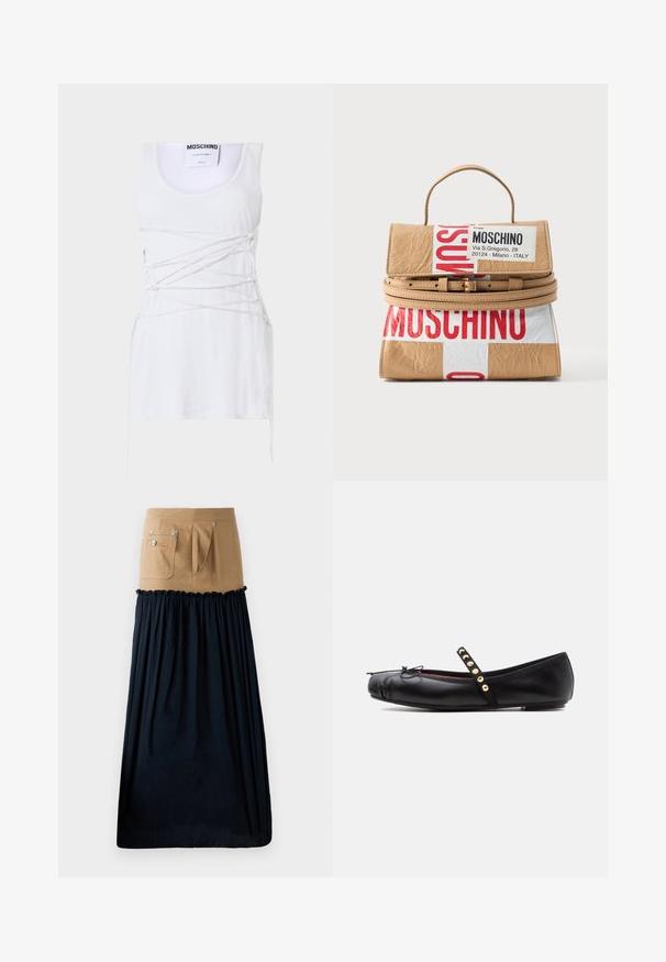 Hvid ribbet tanktop med krydsende snøring, der har en rund hals og en lige kant. Mærke: Moschino Couture.; Lyse denim nederdel med navy crepe flæse detajler; har lommer og sølv hardware; kombinerer en struktureret top med en svag nederste sektion.; Sort læder balletsko med rem med seks guldkapsler og en lille sløjfe på den afrundede tå.; Lille tan-farvet håndtaske med top-håndtag, dobbelt omsnøringsbælte og fed rød og hvid Moschino-labelprint foran og på klappen.