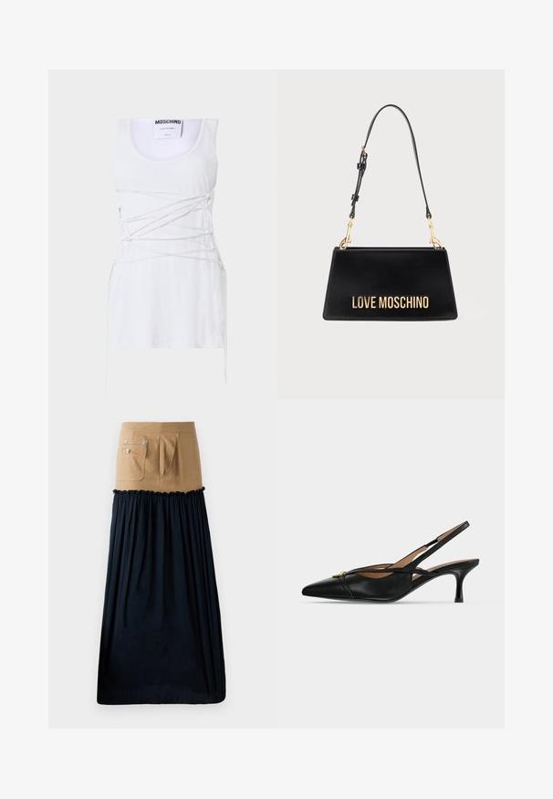 Weißes geripptes Tanktop mit gekreuzten Schnürdetails, runder Ausschnitt und geradem Saum. Marke: Moschino Couture.; Beige Denimrock mit marineblauen Rüschendetails; mit Taschen und silberner Hardware ausgestattet; kombiniert strukturiertes Oberteil mit fließendem Unterteil.; Schwarzer Leder-Slingback-Schuh mit spitzer Schuhspitze, niedrigem Kitten-Heel und goldener Schnalle vorne.; Schwarze trapezförmige Handtasche mit verstellbarem Schulterriemen und goldfarbenem "LOVE MOSCHINO"-Logo auf der Vorderseite vor weißem Hintergrund.