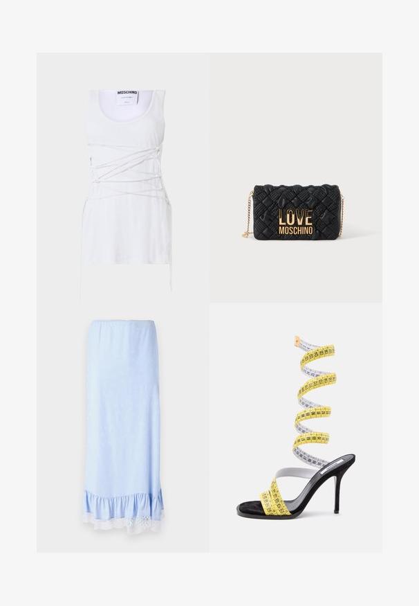 Débardeur blanc à côtes avec des détails en dentelle croisées, présentant un col rond et un ourlet straight. Marque : Moschino Couture.; Jupe en satin bleu clair avec un ourlet volanté, ornée d'une bordure en dentelle blanche et de motifs floraux subtils sur l'ensemble du tissu. Taille élastique.; Chaussure noire à talon haut enroulée d'un mètre-ruban jaune et blanc spiralant vers le haut sur un fond blanc.; Sac bandoulière matelassé noir avec bandoulière chaîne dorée et grand logo doré "LOVE MOSCHINO" sur le devant.