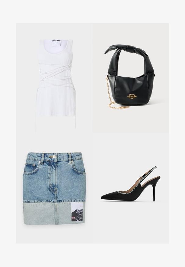 Valge soonikuline tank top, millel on ristatud paeltega detailid, ümmargune kaelus ja sirge alläär. Bränd: Moschino Couture.; Denim mini seelik, millel on gradient sinine värviskeem, viie tasku disain, hõbedane tarvik ja trükitud silt mäe graafikuga.; Mustad terava varbaga slingback kõrge kontsaga kingad, õhukese kontsaga ja "LOVE MOSCHINO" tekstiga rihmal ning serval.; Mustast pehmest nahast Love Moschino käekott sõlmitud sangaga ja kuldse kettidega rihmaga valgel taustal.