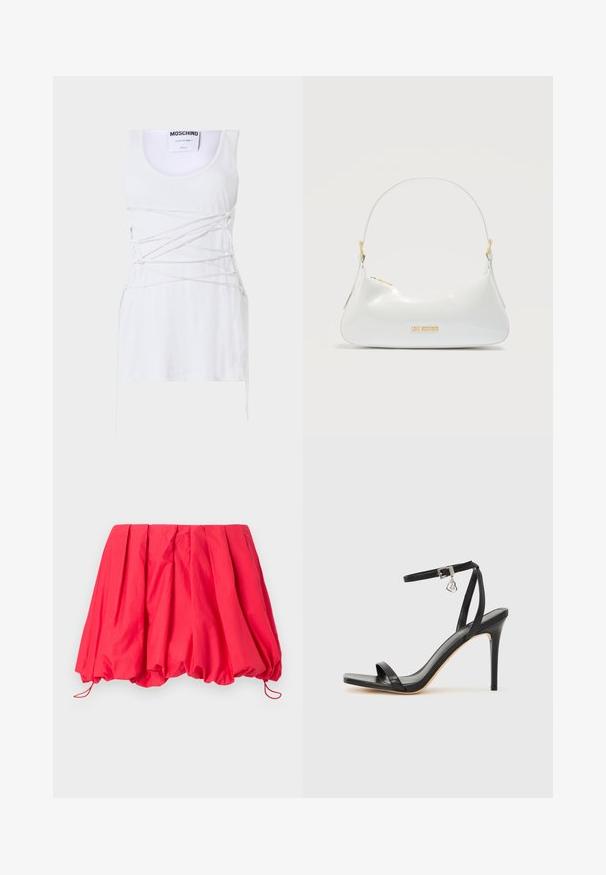 Valge soonikuline tank top, millel on ristatud paeltega detailid, ümmargune kaelus ja sirge alläär. Bränd: Moschino Couture.; Punane, voltidega mini seelik, mis on valmistatud kerge kangaga; omaduseks on elastne alläär reguleeritava sobivuse jaoks kinnituspaeltega. Sile tekstuur.; Mustad kõrge kontsaga sandaal kitsaste pahkluu rihmadega, kandilise varbaosaga, siledast nahast ning metallist pandla aktsendiga.; Valge lakknahast õlakott kuldse "Love Moschino" logoga ja tõmblukuga sulguriga, millel on üks kõver rihm.