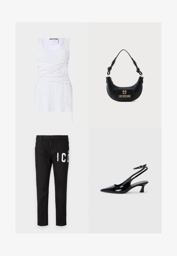 Weißes geripptes Tanktop mit gekreuzten Schnürdetails, runder Ausschnitt und geradem Saum. Marke: Moschino Couture.; Schwarze Denim-Jeans mit schmaler Passform. Merkmale sind weißer Grafiktext auf der Vorderseite, fünf Taschen und ein Knopfverschlus. Glatte Textur.; Schwarze Lackleder Slingback-Absätze mit spitzem Schuhblatt, niedrigem Blockabsatz und verstellbarem Knöchelriemen mit goldener Schnalle.; Schwarze Halbmond-Handtasche mit geknotetem Griff und goldener "Love Moschino" Logo-Plakette vorne, Reißverschluss oben.
