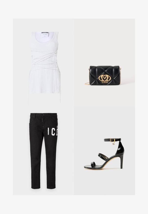 Hvid ribbet tanktop med krydsende snøring, der har en rund hals og en lige kant. Mærke: Moschino Couture.; Sorte denim jeans med slim fit. Har hvid grafisk tekst på fronten, fem lommer og knaplukning. Glat tekstur.; Sorte patenterede lædersandaler med tre stropper, ankelspænde og 10 cm stiletthæl. Har detaljer i guld og et logo charms.; Sort quiltet læderhåndtaske med guldkædestrop og gyldent Love Moschino-logo foran i midten.