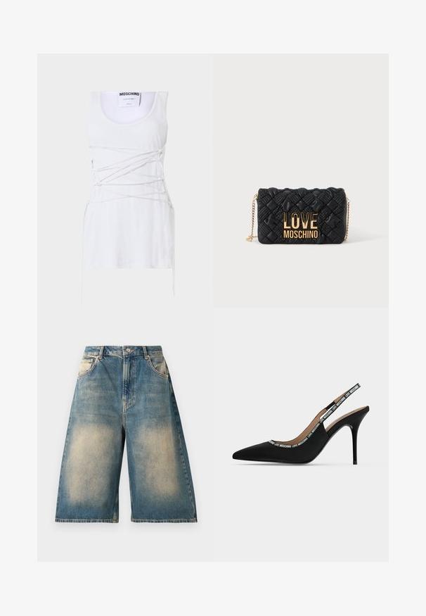Valge soonikuline tank top, millel on ristatud paeltega detailid, ümmargune kaelus ja sirge alläär. Bränd: Moschino Couture.; Kõrge vöökohaga, põlvekõrgused teksashortsid, millel on pleekinud pesu, esi-taskud, vöölõngad ja nööpkinnitus.; Mustad terava varbaga slingback kõrge kontsaga kingad, õhukese kontsaga ja "LOVE MOSCHINO" tekstiga rihmal ning serval.; Must quiltitud õlakott kuldse kettaga ja suur kuldne „LOVE MOSCHINO“ logo ees.