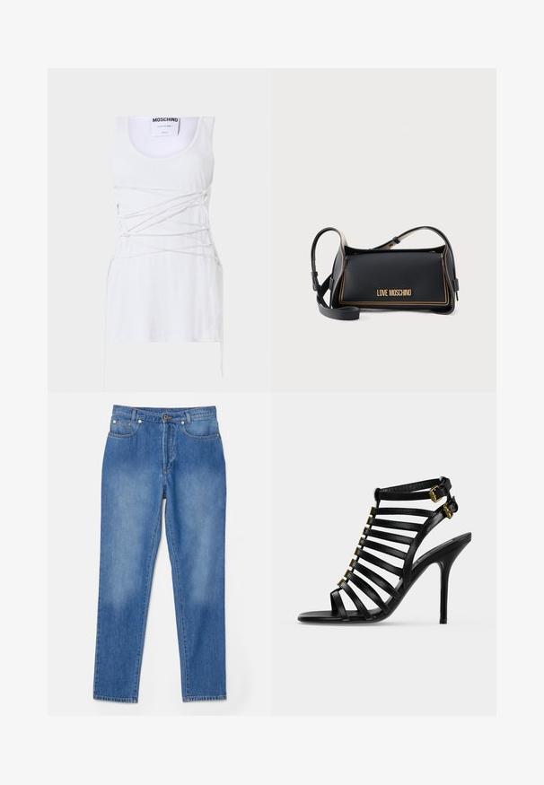 Débardeur blanc à côtes avec des détails en dentelle croisées, présentant un col rond et un ourlet straight. Marque : Moschino Couture.; Jean en denim bleu avec une coupe droite, cinq poches, accents en métal doré et décoloration subtile près des genoux.; Sandale à talon haut en cuir noir avec plusieurs brides horizontales et deux boucles dorées à la cheville sur un fond clair uni.; Sac à main rectangulaire noir Love Moschino avec surpiqûres dorées et bandoulière ajustable sur fond uni.