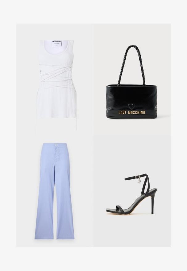 Valge soonikuline tank top, millel on ristatud paeltega detailid, ümmargune kaelus ja sirge alläär. Bränd: Moschino Couture.; Sinine ja valge triibuline laia jalaga püksid, millel on kõrge vöökoht, pealmine osa kitsas, ees nupuga sulgemine ja sile tekstuur.; Mustad kõrge kontsaga sandaal kitsaste pahkluu rihmadega, kandilise varbaosaga, siledast nahast ning metallist pandla aktsendiga.; Must Moschino käsikott, millel on keeratud nöörist sangad ja väike südamekuju brändi nime kohal ees.