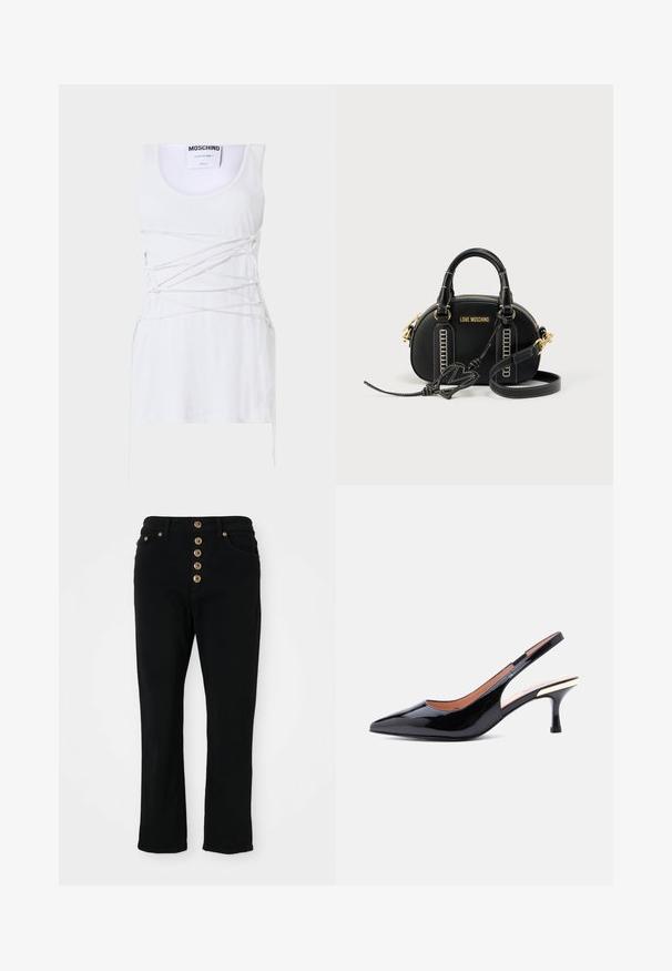 Hvid ribbet tanktop med krydsende snøring, der har en rund hals og en lige kant. Mærke: Moschino Couture.; Sorte denimjeans med en tætsiddende pasform, der har høj talje og en lynlås med fem knapper. Inkluderer to frontlommer og hardware i guldfarve.; Sort slingback-pumps i laklæder med spids tå og mellemhøj hæl med en metallisk detalje nær hælen.; Sort læderhåndtaske med et struktureret design, guldfarvet hardware og hvide syninger. Inkluderer håndtag øverst og en aftagelig skulderrem.