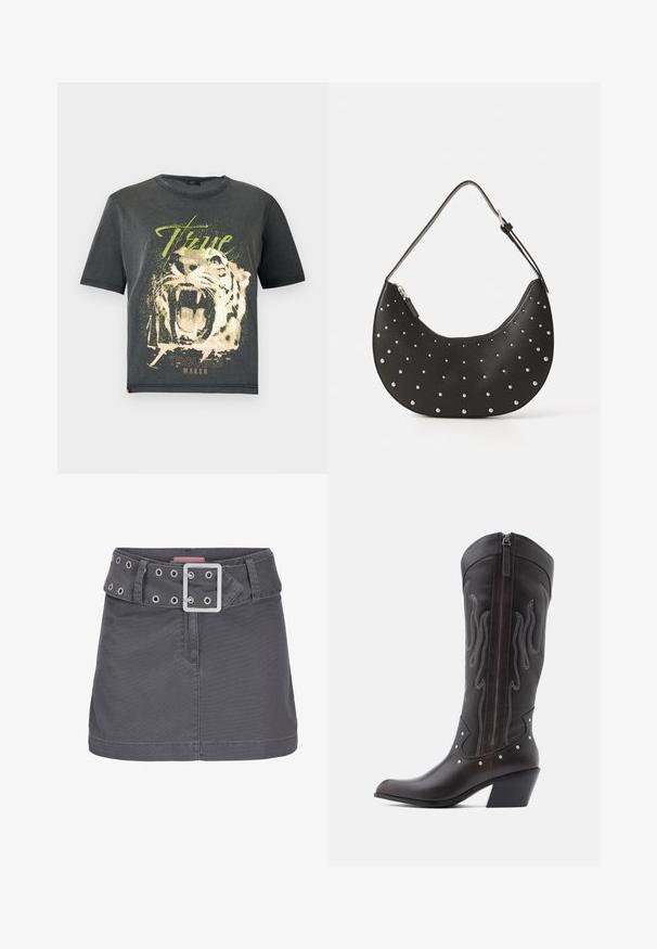 JDY JDYFAROCK ELINA - T-shirt print - black; Grijze katoenen mini-jurk met een brede riem met zilveren oogjes en een vierkante metalen gesp, ontworpen met een schone, rechte silhouet.; Bruine leren cowboylaarzen met vlamstiksels, zijrits, zilveren studs, spits toelopende neus en gestapelde hak.; Zwarte leren handtas met een gebogen vorm, versierd met zilveren studs, voorzien van een ritssluiting en een enkele verstelbare schouderband.
