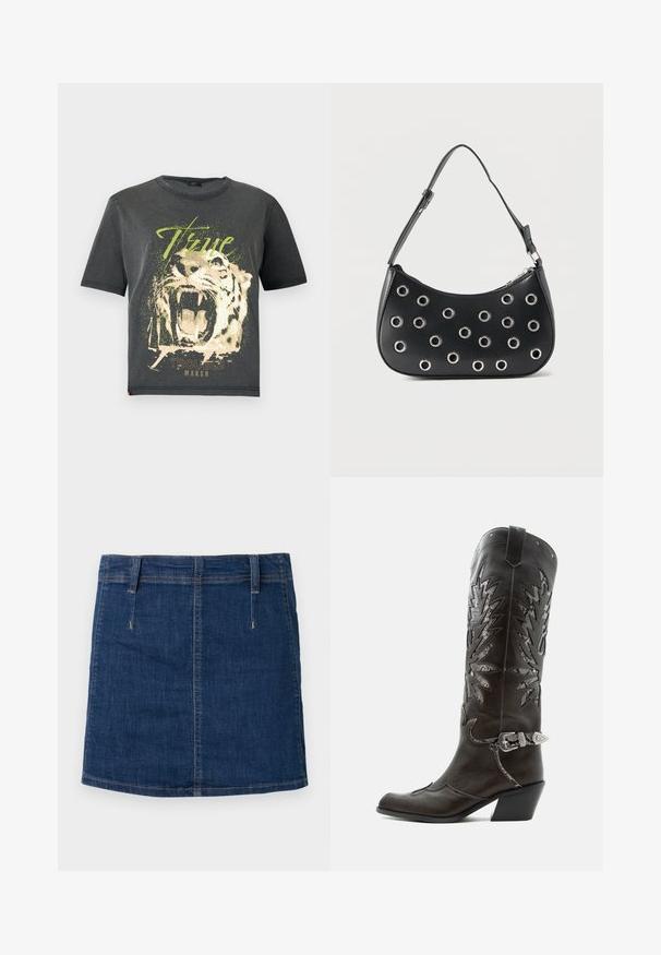 JDY JDYFAROCK ELINA - T-shirt imprimé - black; Jupe en denim bleu foncé à la coupe ajustée, avec poches avant et détails de couture visibles. Présente un ourlet droit et des passants de ceinture.; Botte de cowboy en cuir noir avec découpes décoratives, boucle argentée et talon incliné, présentée sur fond blanc.; Sac d'épaule en cuir noir avec bandoulière réglable, orné d'œillets en métal argenté et fermeture éclair supérieure.