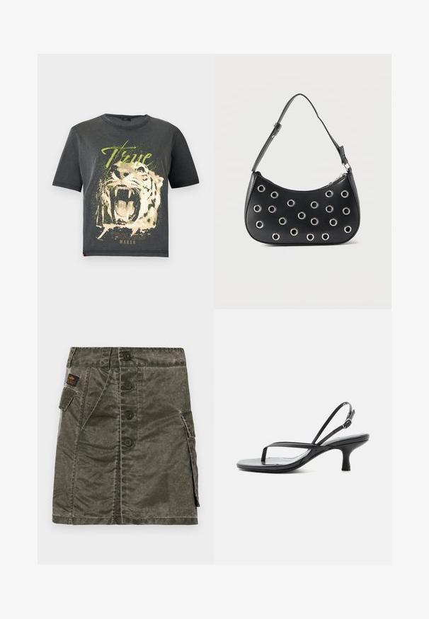 JDY JDYFAROCK ELINA - T-shirt print - black; Olijfgroene rok met knopen aan de voorkant, gemaakt van gestructureerde stof, met een zijzak en stikdetails. Regular fit, knielange ontwerp.; Zwarte sandalen met smalle bandjes, lage kittenheel, dunne teenlus en verstelbare enkelband met zilveren gesp, op witte achtergrond.; Zwarte leren schoudertas met verstelbare riem, voorzien van zilveren metalen oogjes en een ritssluiting bovenaan.