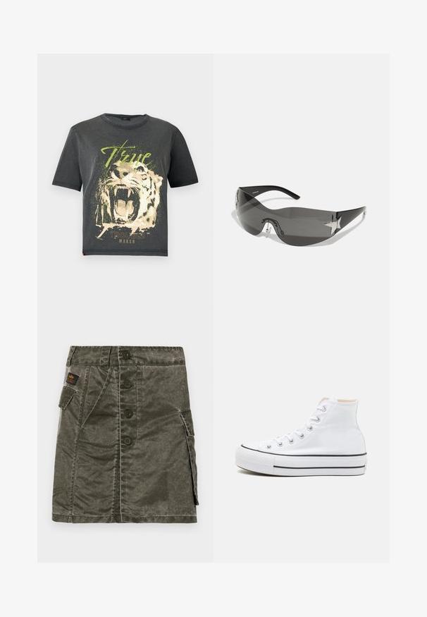 JDY JDYFAROCK ELINA - T-shirt print - black; Olijfgroene rok met knopen aan de voorkant, gemaakt van gestructureerde stof, met een zijzak en stikdetails. Regular fit, knielange ontwerp.; Witte hoge sneakers van canvasmateriaal, zwarte rubberen zool en contrasterende zwarte streep op de tussenzool. Circulaire neus en vetersluiting.; Zwarte zonnebril met een wrap-around ontwerp, donkergetinte glazen, glanzende stervormige accenten en verstelbare neussteunen.