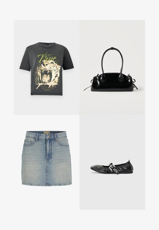 JDY JDYFAROCK ELINA - T-shirts print - black; Lyseblå denim mini nederdel med tætsiddende talje, frontlukning med knapper, fem lommer og diskret falmning langs stoffet.; Sorte læder flade sko med spids tå, samling detaljer omkring åbningen, og en sølv spænde accent på den justerbare rem.; Lille sort blank håndtaske med to lange håndtag og snøre-detaljer i siden på en ensfarvet lys baggrund.