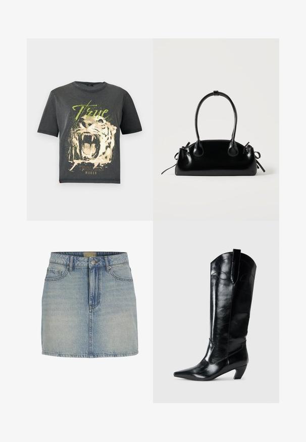 JDY JDYFAROCK ELINA - Camiseta estampada - black; Mini falda de mezclilla azul clara con una cintura ajustada, cierre de botón en la parte delantera, cinco bolsillos y un leve desgaste a lo largo de la tela.; Botas de cuero negras hasta la rodilla con punta afilada, tacón bajo y detalle de costura decorativa en los laterales. Acabado suave y brillante.; Pequeño bolso negro brillante con dos asas largas y detalles de cordón lateral sobre un fondo claro liso.