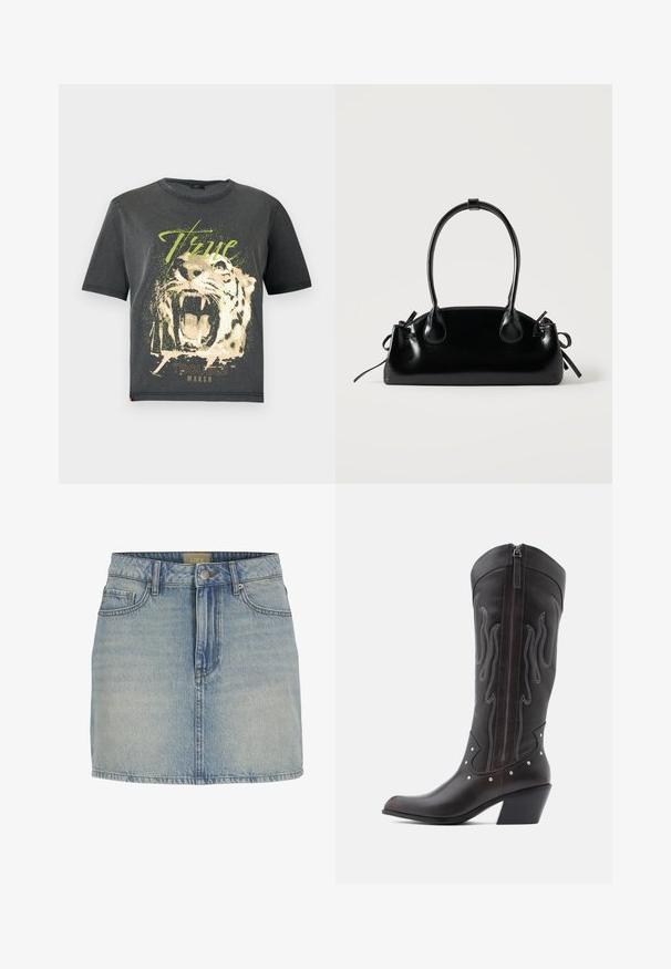 JDY JDYFAROCK ELINA - Camiseta estampada - black; Mini falda de mezclilla azul clara con una cintura ajustada, cierre de botón en la parte delantera, cinco bolsillos y un leve desgaste a lo largo de la tela.; Botas de cowboy de cuero marrón con costuras en forma de llama, cremallera lateral, tachuelas plateadas, punta puntiaguda y tacón apilado.; Pequeño bolso negro brillante con dos asas largas y detalles de cordón lateral sobre un fondo claro liso.