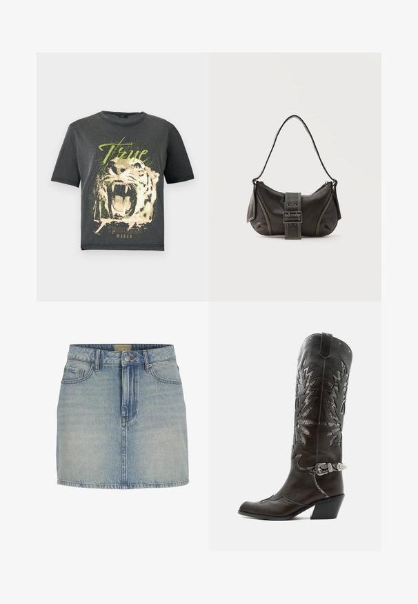 JDY JDYFAROCK ELINA - T-Shirt print - black; Hellblaues Jeans-Minikleid mit schmaler Taille, Frontknopfverschluss, fünf Taschen und einem dezenten Ausbleichen des Stoffes.; Schwarzer Leder-Cowboystiefel mit dekorativen Ausschnitten, silberner Schnalle und schräger Ferse, auf weißem Hintergrund dargestellt.; Schwarze Leder-Schultertasche mit Schnallengurt-Detail, abgerundeten Kanten und kontrastierenden weißen Nähten auf schlichtem Hintergrund.