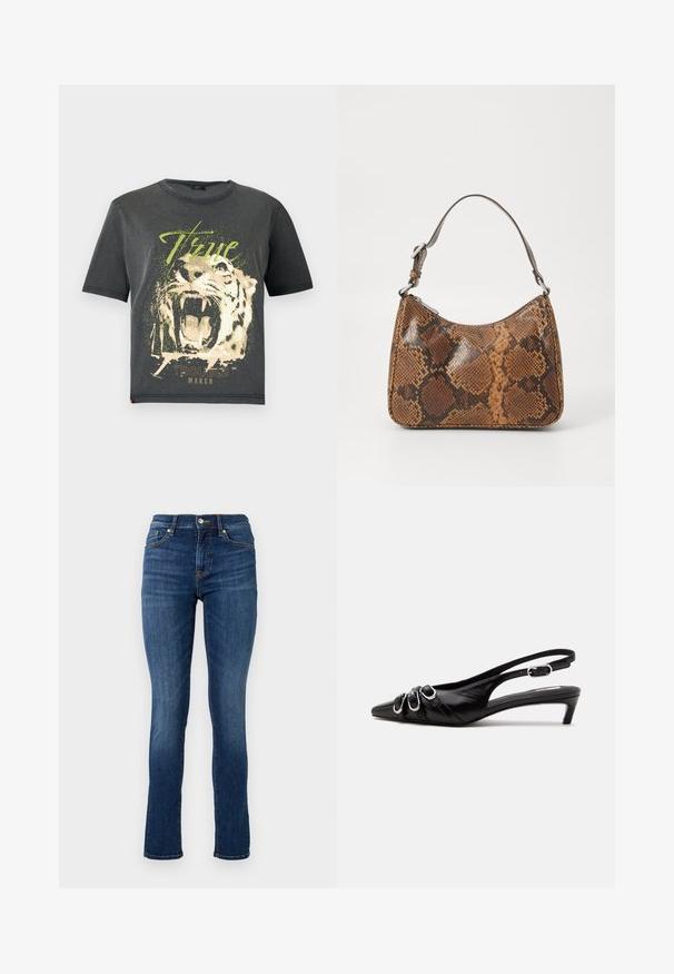 JDY JDYFAROCK ELINA - T-shirt print - black; Donkerblauwe skinny jeans van denim, met een standaard tailleband, zijzakken en subtiele stikseldetails.; Zwarte leren slingback schoen met puntige neus, drie zilveren gespen aan de voorkant en lage kittenhak op witte achtergrond.; Kleine handtas met een bruin en zwart slangenprintpatroon, korte verstelbare schouderriem en ritssluiting.