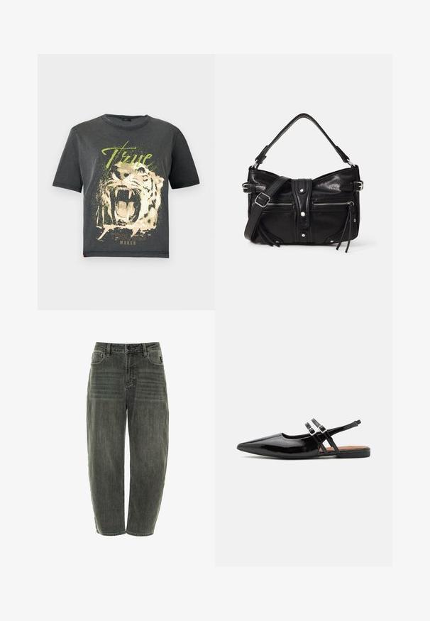 JDY JDYFAROCK ELINA - T-shirt print - black; Donkergrijze denim jeans met een relaxte pasvorm, voorzien van vijf zakken, een knoopsluiting en subtiele vervaging aan de voorkant en achterkant.; Zwarte gepatineerde leren slingback schoenen hebben een spitse neus, twee banden met gespsieraden en een platte zool.; Even&Odd by Zalando H24462 - Handtas - black