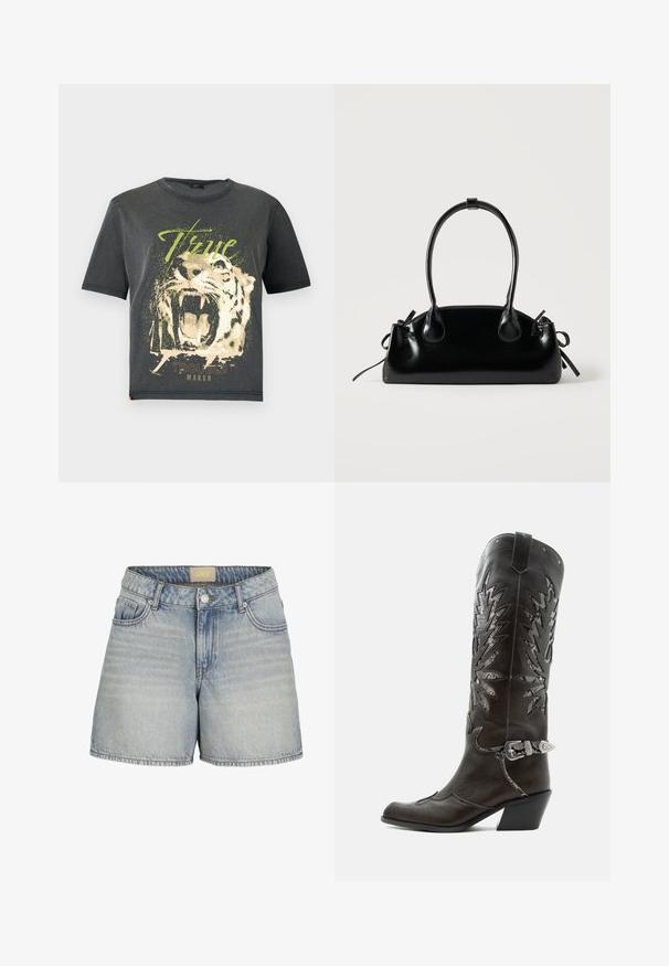 JDY JDYFAROCK ELINA - T-shirts print - black; Lysblå denimshorts med høj talje, der har knaplukning, fem lommer og subtilt slid for et struktureret look.; Sort læder cowboystøvle med dekorative udskæringer, sølvspænde og skrå hæl, vist på hvid baggrund.; Lille sort blank håndtaske med to lange håndtag og snøre-detaljer i siden på en ensfarvet lys baggrund.