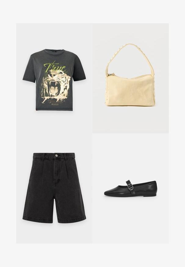 JDY JDYFAROCK ELINA - T-shirt print - black; Zwarte denim shorts met een hoge taille, geplooide voorkant en omgeslagen zoom. Voorzien van een metalen knoop en rits sluiting. Egaal textuur.; Zwarte leren platte schoen met een ronde neus, een enkele verstelbare gespsluiting en een gladde, glanzende textuur. Minimalistisch ontwerp met een lage hak.; Kleine beige leren handtas met een enkele band en zilveren studs langs de randen en band, tegen een effen achtergrond.