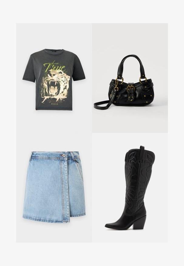 JDY JDYFAROCK ELINA - T-shirts print - black; Lyseblå denimskørt med lige snit, frontknaplukning og kontrasterende syninger langs sømmene. Ingen synlige lommer.; Sorte knæhøje støvler i læder med spids snude og lagdelt hæl. Har dekorative syninger og buede designelementer.; Sort læderhåndtaske med guldbælge og nitdetaljer, korte håndtag og en justerbar skulderrem på en ensfarvet hvid baggrund.