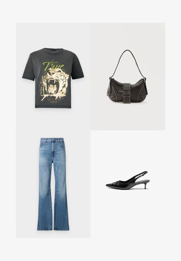 JDY JDYFAROCK ELINA - Tričko s potlačou - black; Replay BECKA PANTS - Džínsy voľného strihu - medium blue; Čierne kožené sandále na podpatku so špičatou špičkou, nízkym širokým podpätkom a nariaseným detailom na priehlavku. Hladká textúra a minimalistický dizajn.; Čierna kožená kabelka cez rameno s detailom prackového popruhu, zaoblenými okrajmi a kontrastným bielym prešívaním na jednoduchom pozadí.