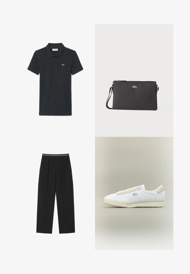 Donkergrijs polo met korte mouwen, kraag, vier knopen en een klein groen krokodillenlogo op de linkerborst.; Zwarte broek met rechte pijpen, een geplooide voorkant en een elastische tailleband met witte strepen en Lacoste-logo.; Witte leren sneaker met een beige suède accent. Kenmerken zijn een ronde neus, platte veters en een gestructureerde zool. Lacoste-logo aan de zijkant.; Zwarte clutch tas van gestructureerd synthetisch materiaal. Voorzien van een ritssluiting en een klein groen logo aan de voorkant. Inclusief een polsbandje.